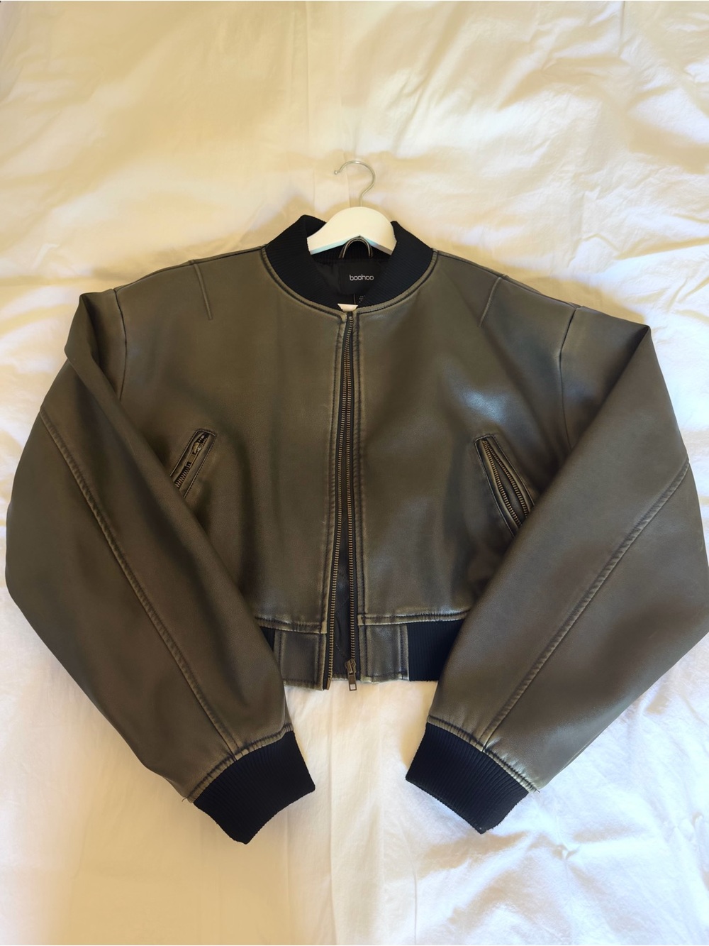 Boohoo Olive Faux Leather Cropped Bomber Jacket with Black Trim
